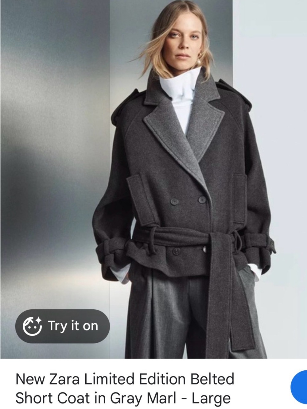 Zara Limited Edition Charcoal Gray 2-Tone Belted Coat
